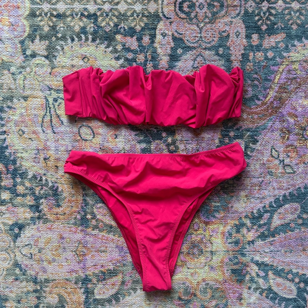 Red Strapless High Leg Ruched Bikini Set